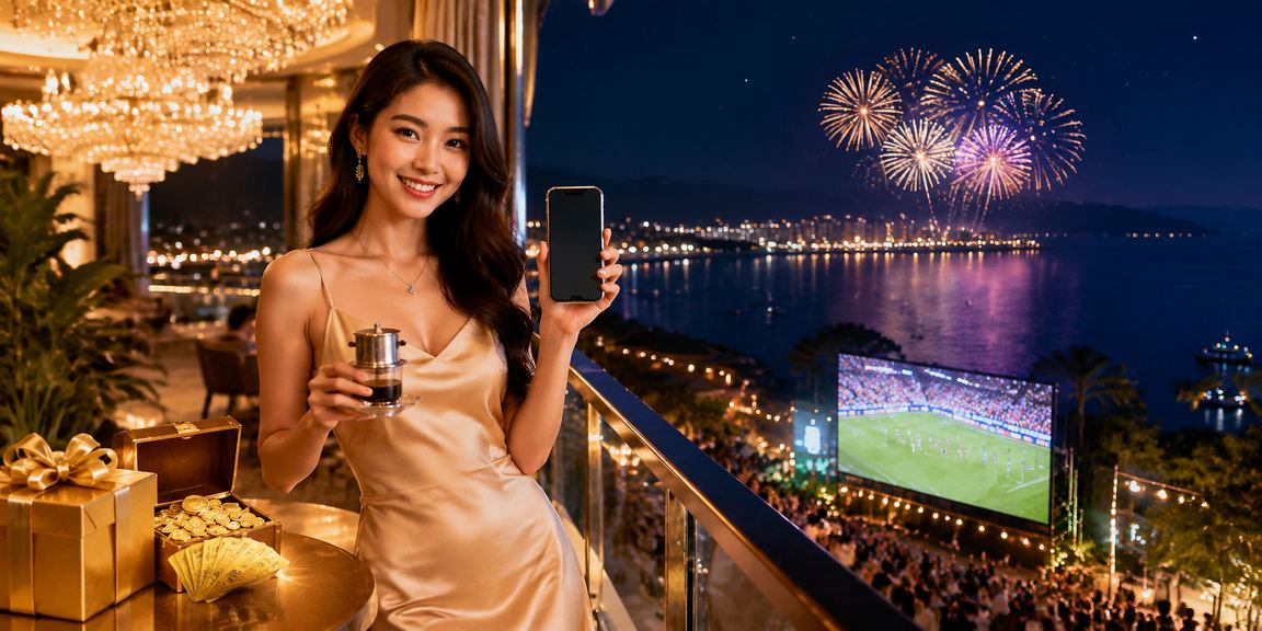 Người dùng tại Phú Quốc kiểm tra khuyến mãi hoàn tiền trên điện thoại bên tách cà phê